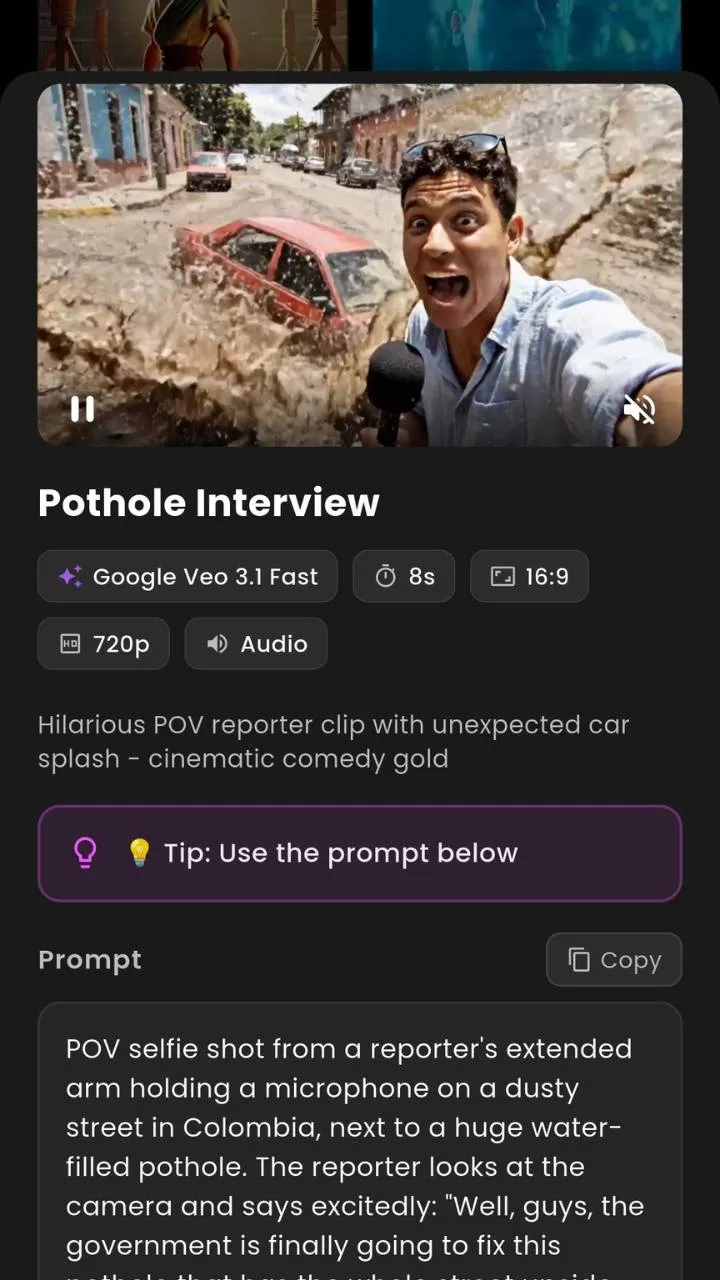 VIBE AI Video Generator app showing prompt to video creation