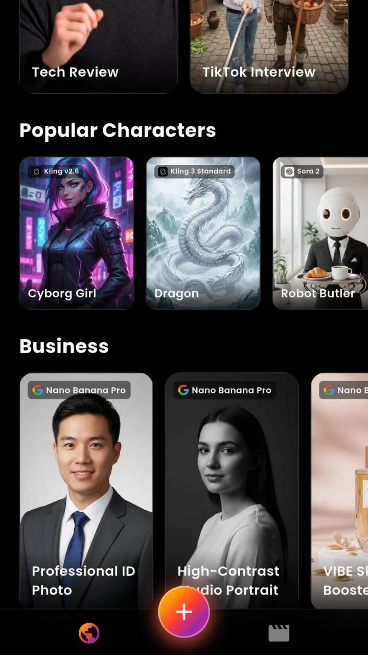 VIBE app interface showing AI-generated vertical video previews
